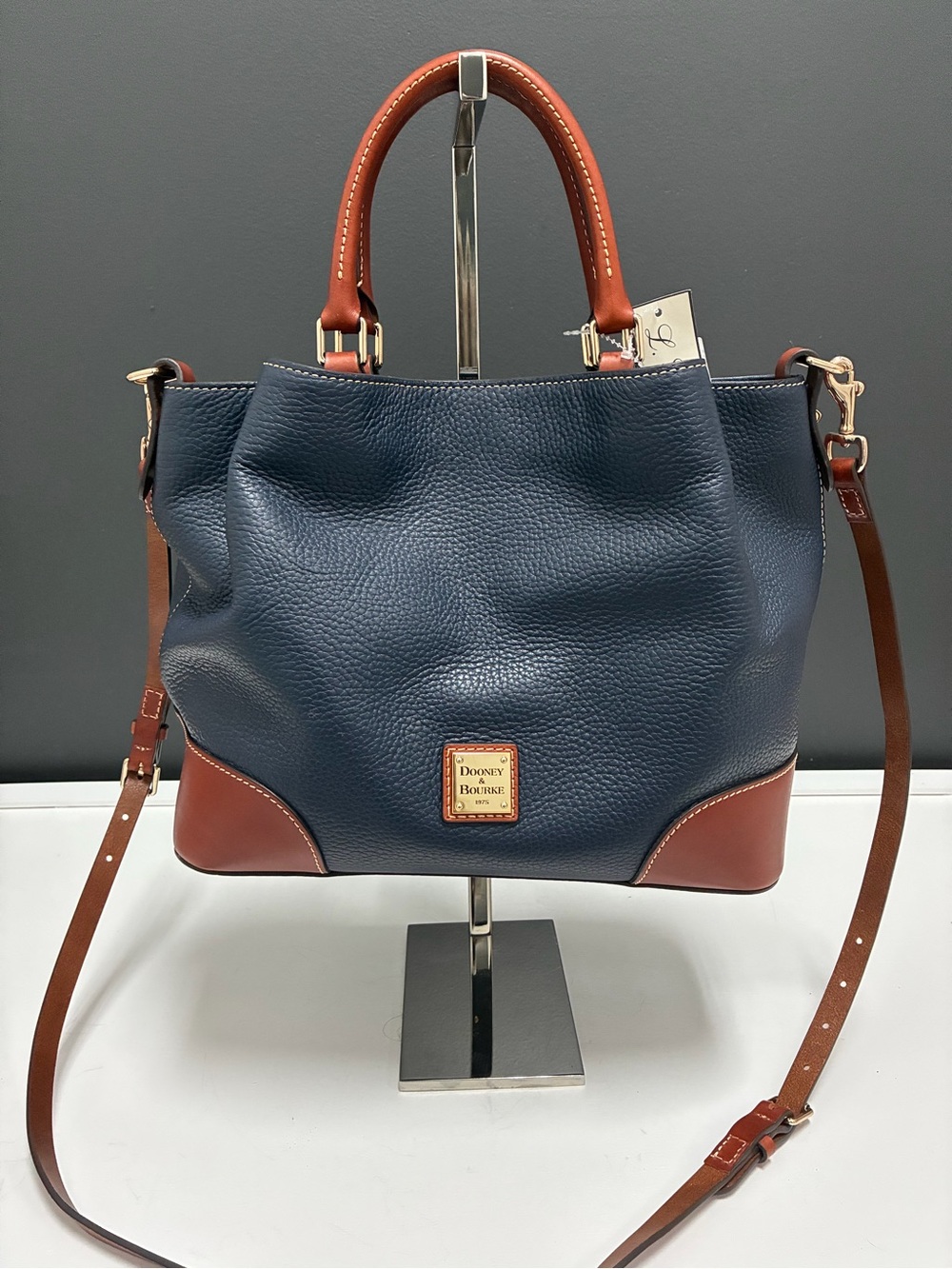 Dooney & Bourke Navy and Brown Pebble Leather Satchel